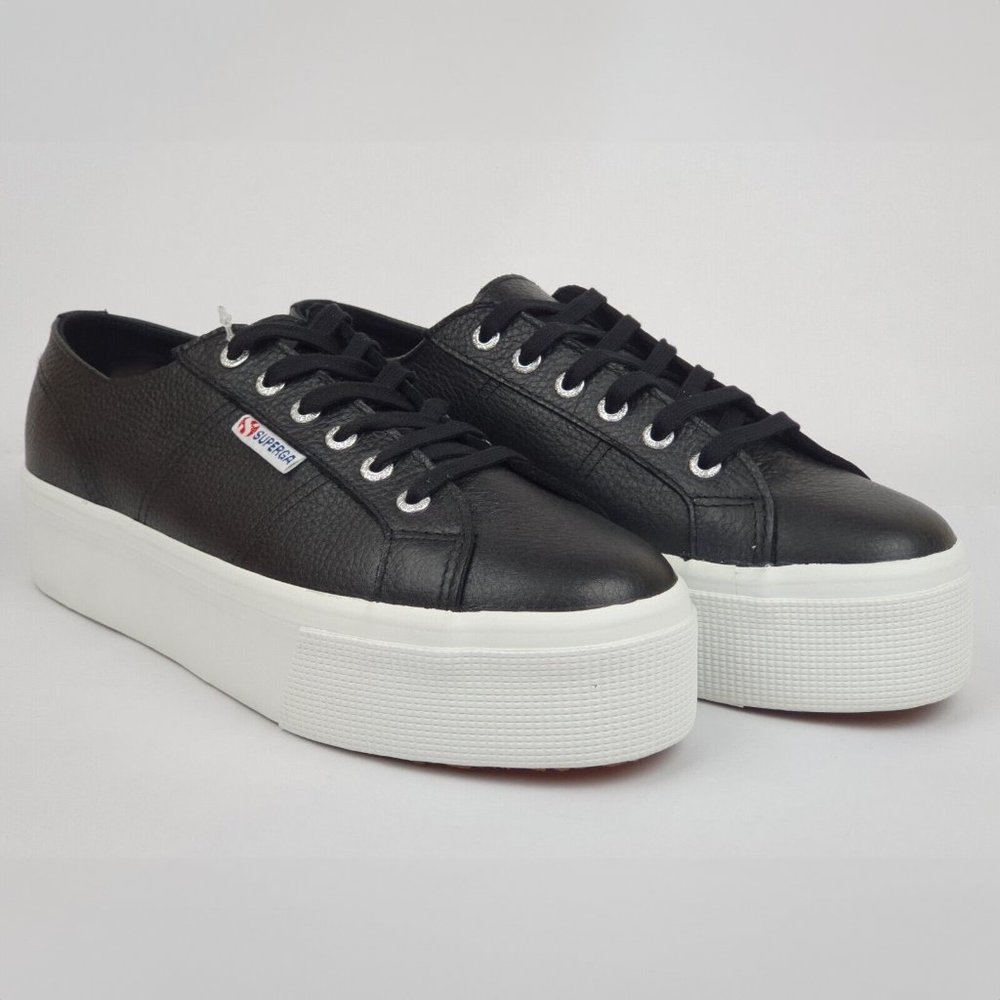 SUPERGA Black Leather 1.5" Platform Sneakers  - 8